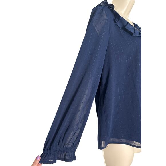 J. Crew V Neck Shimmery Clip Dot Ruffleneck Top Blue Size M - Picture 9 of 12